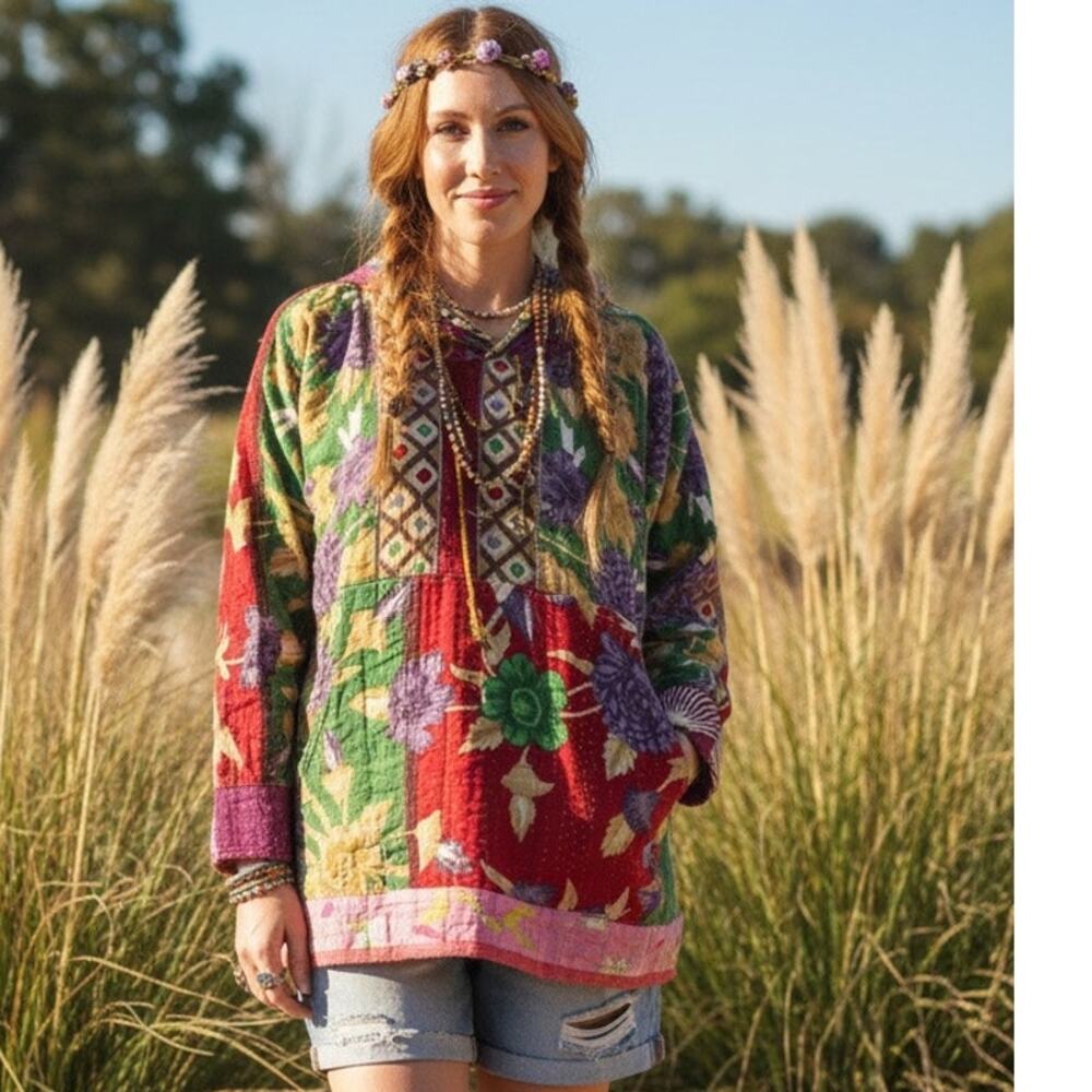 NWT Awesome Vibrant Patchwork Floral Hippie Boho Embroidered Earthbound Hoodie